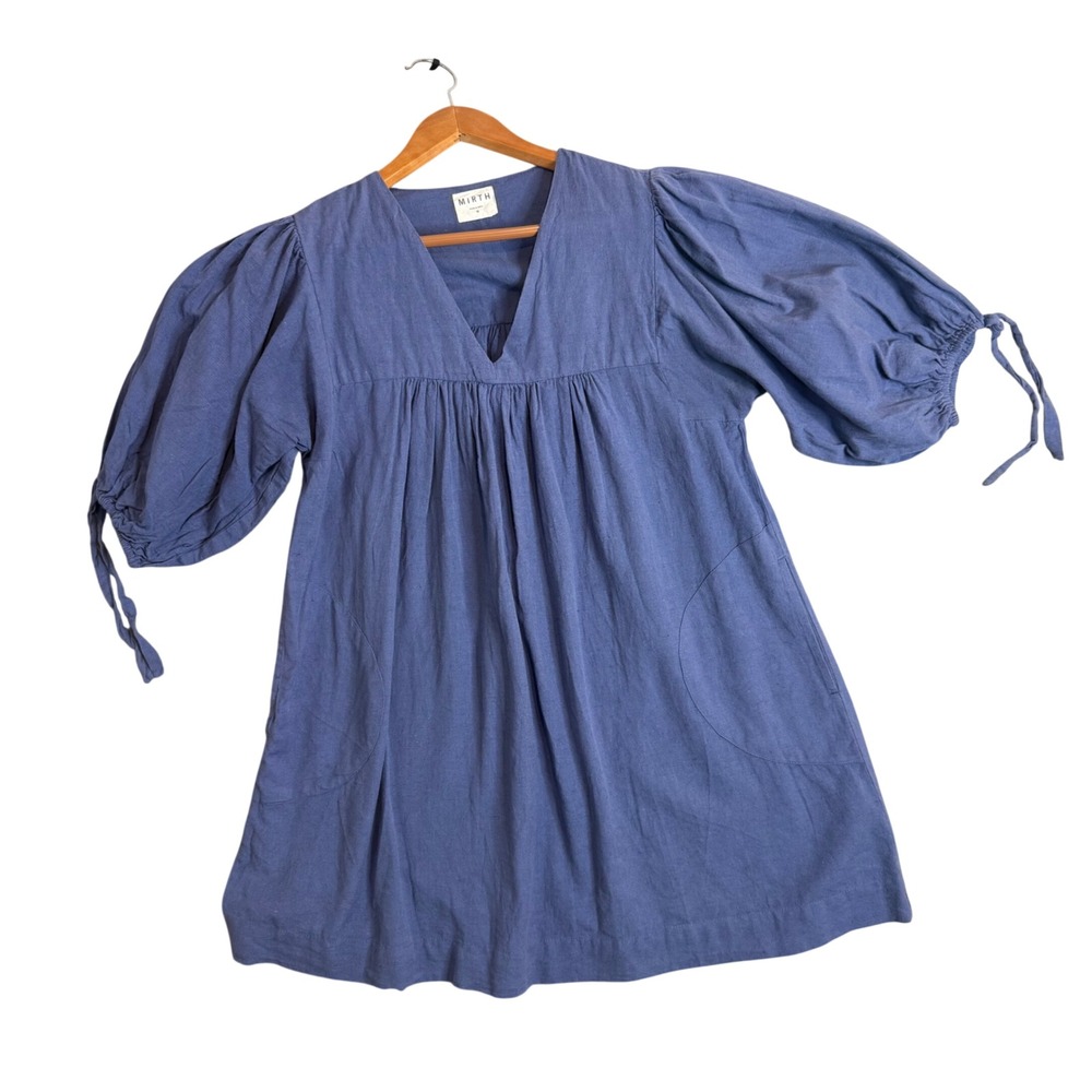 Mirth Belem Mini Dress Women's M Blue Cotton Linen Puff Sleeve Babydoll Pockets